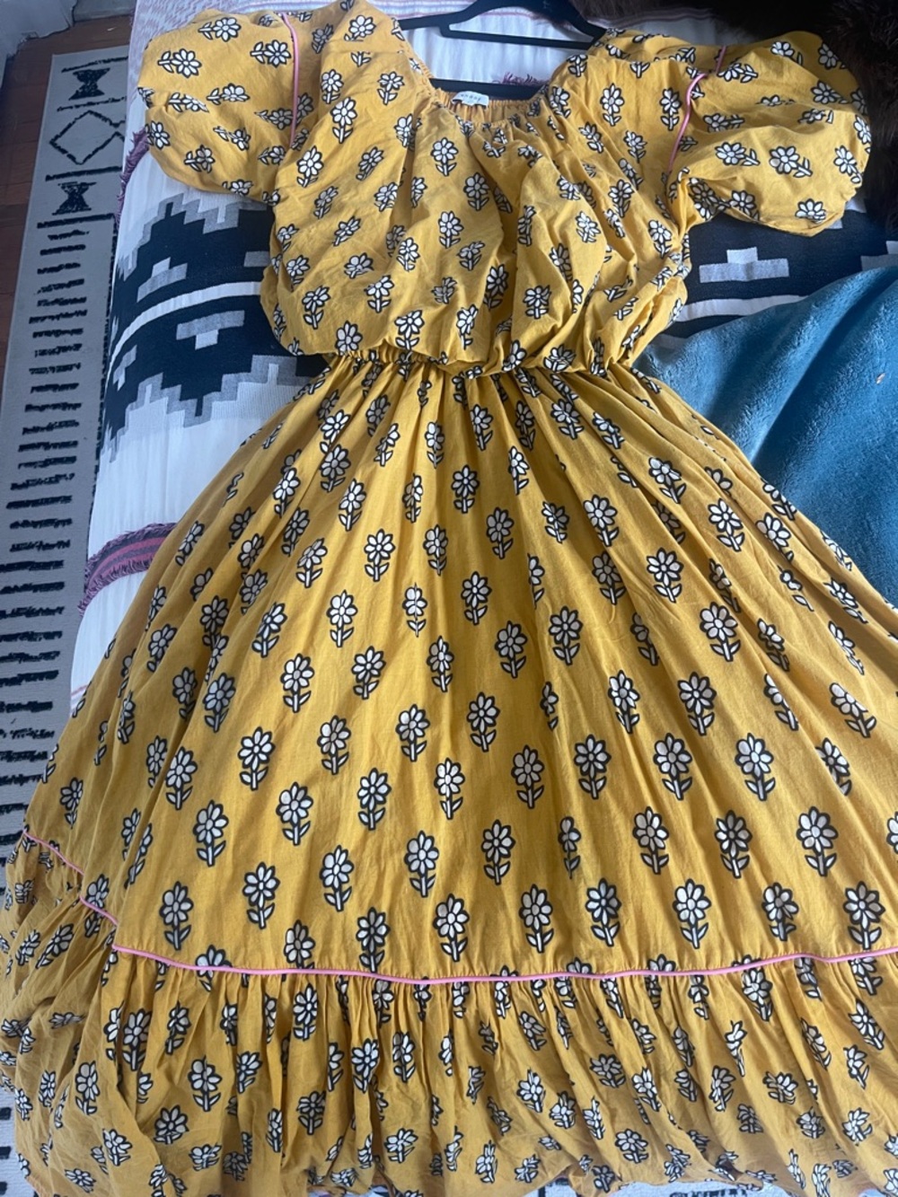RHODE Mustard Yellow Floral Puff-Sleeve Dress for Girls